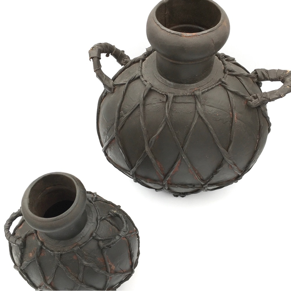 Italian Decorative Leather Wrapped Metal Canteen Water Jugs 12” & 8” Set of 2 - Picture 9 of 16